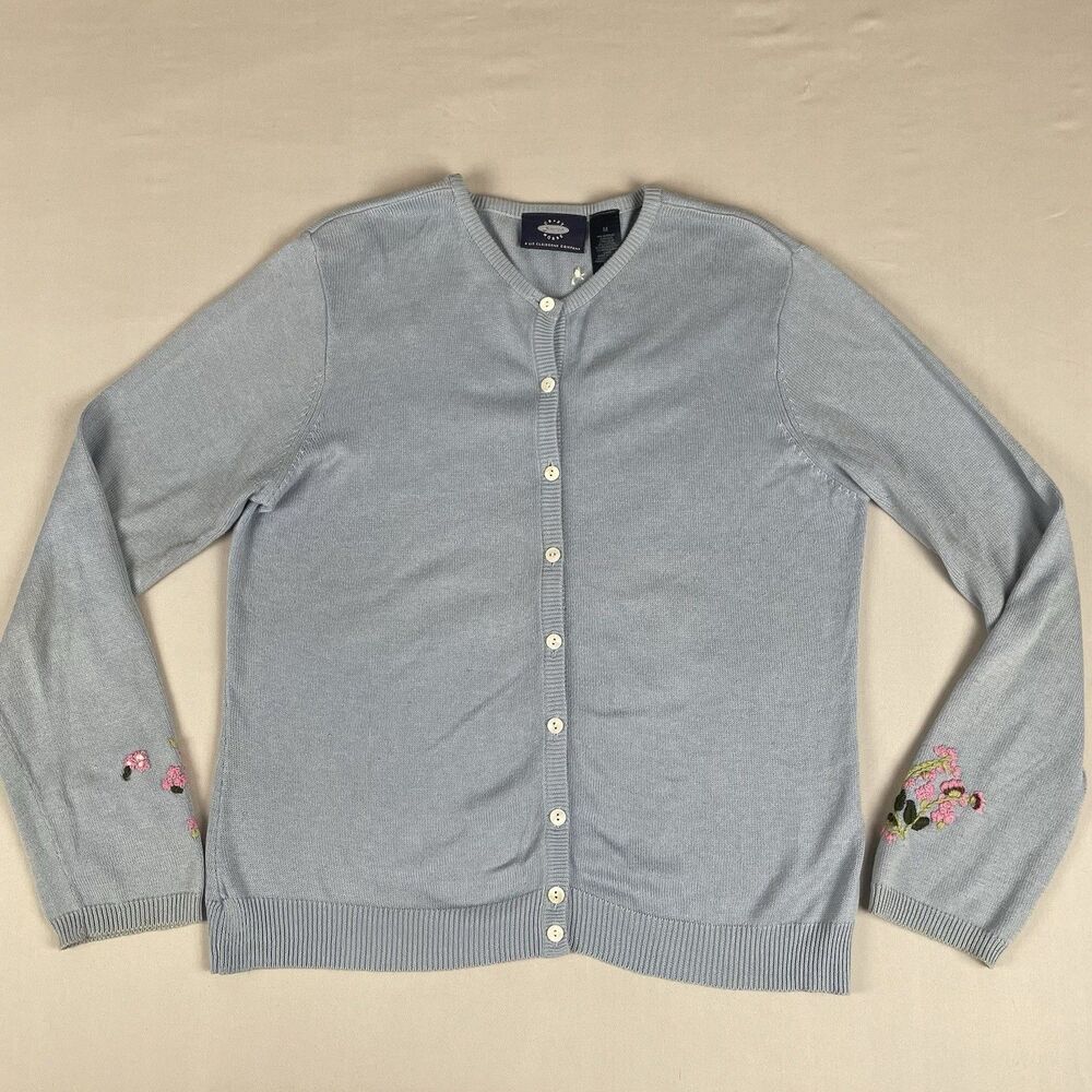 Crazy Horse Liz Claiborne Embroidered Cardigan Women's M Blue Pink Flowers